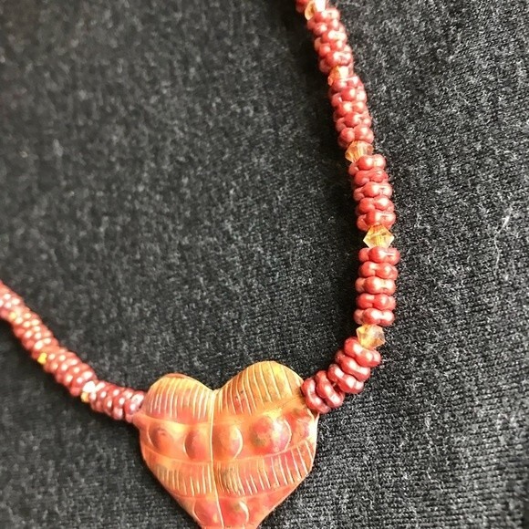Vintage Copper Heart Choker Necklace Swarovksi Crystal Beads Approx 15” Toggle - Picture 6 of 8